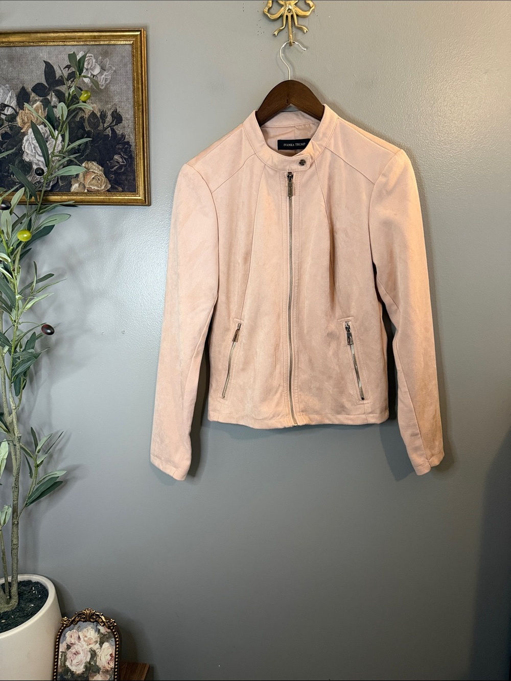Ivanka Trump Blush Pink Faux Suede Moto Jacket Zip Front Size M - Picture 2 of 8